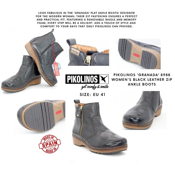 PIKOLINOS ‘Granada’ 8988 Women's Black Leather Zip Ankle Boots - Picture 1 of 12
